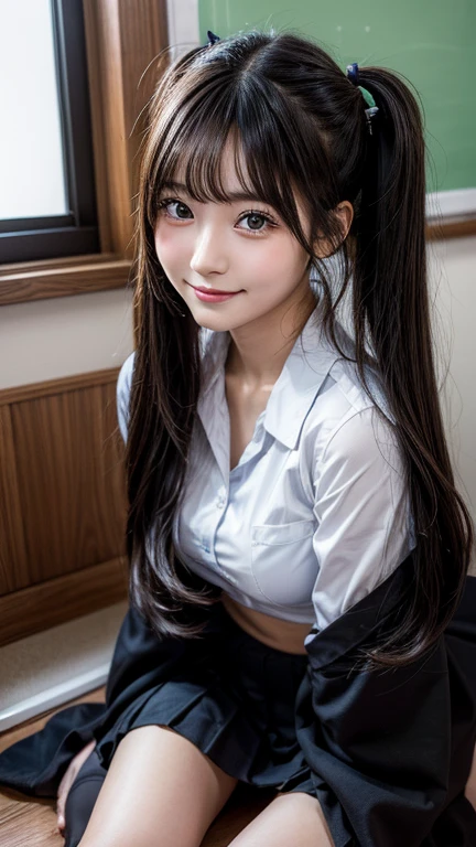 High resolution, Super detailed, Realistic, 1 beautiful Japan schoolgirl, Highly detailed beautiful face, Straight hair, Twin tails、Black Hair, Beautiful feet, A light smile, underwear, classroom