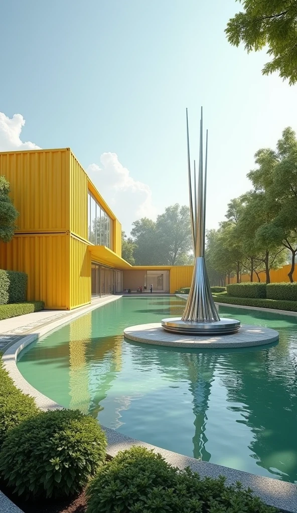 ((best qualityer)), ((work of art)), (detailded), garden with a lake and a modern museum made of containers and glass that has yellow and white tones, in the middle of the lake a tall metal sculpture with a fountain and a modern bridge