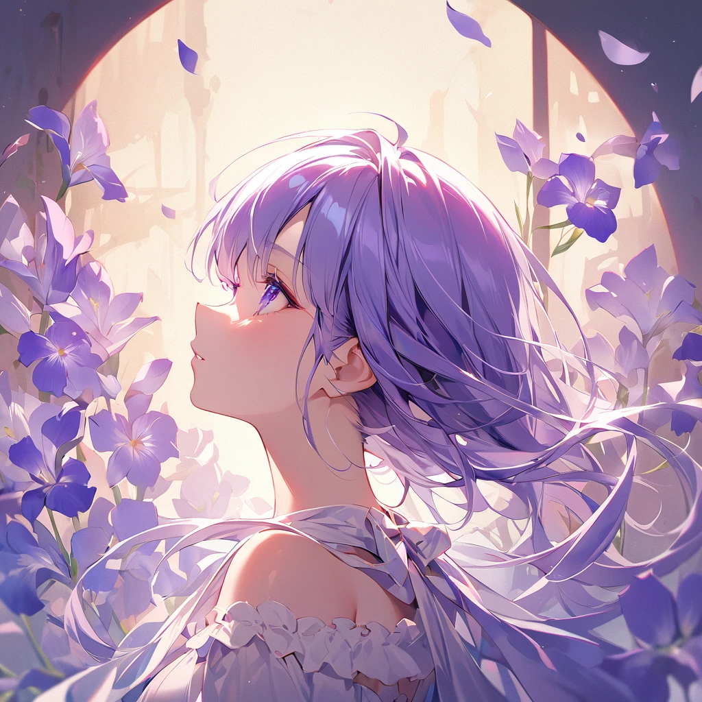 highest quality, masterpiece, surreal), Portrait of a beautiful and delicate profile girl, Playful and cute, Petals are floating in the background,Beautiful iris flowers,