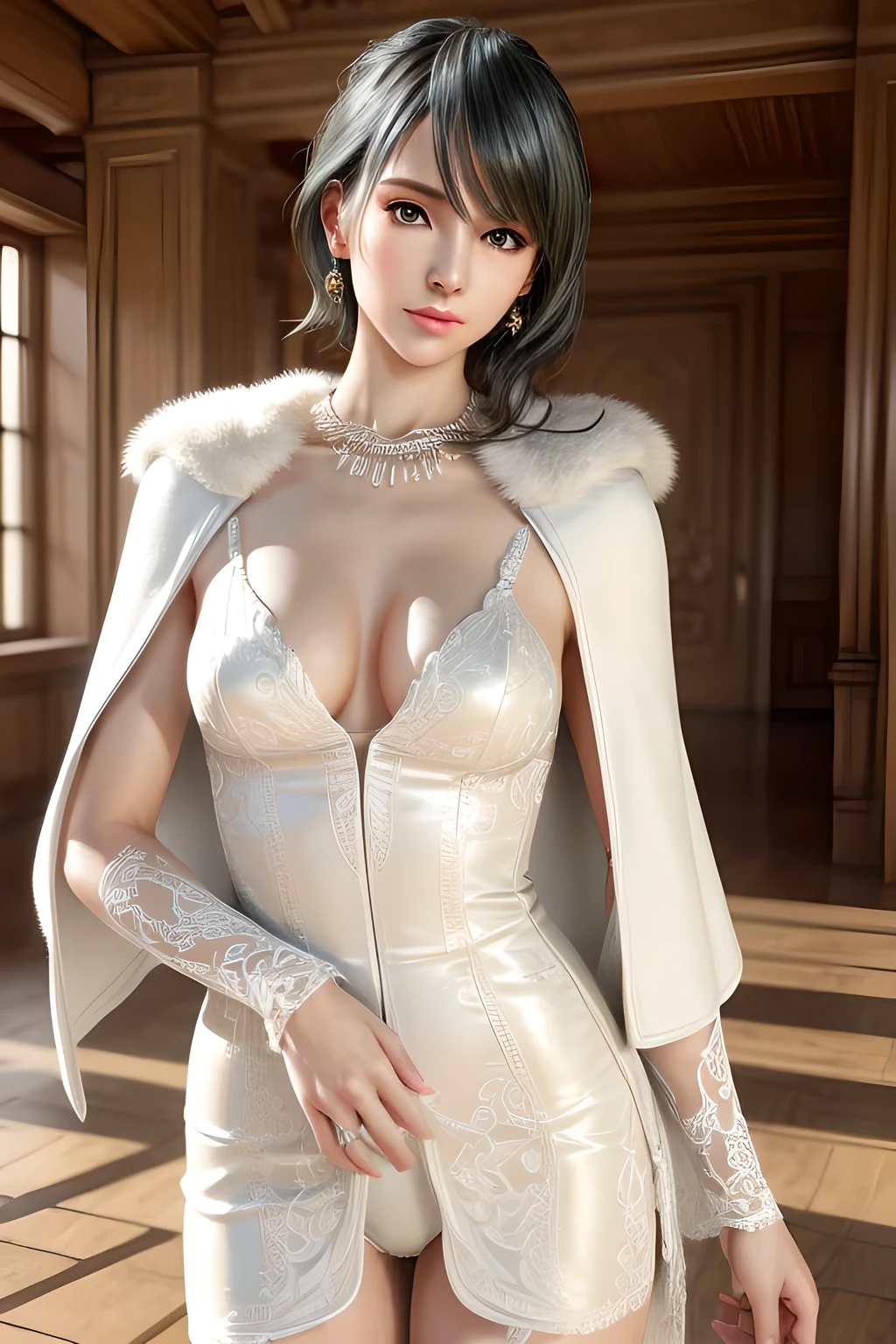 A lady with extraordinary temperament, she stands in a modern indoor space, as if she is a model from a fashion magazine. She is wearing a (pure white long fur cape), the softness and luster of which makes her look more noble under the light, and complements her (beige dress) underneath, showing her gentle temperament while maintaining a sense of fashion. The style of the dress is simple and generous, a perfect match, and it lengthens her figure, making her tall and charming. The lady's makeup is delicate and elegant, which just highlights her facial features and makes people unforgettable at first sight. Although the earrings and necklace she wears are not ostentatious, they add a bit of sophistication and nobility to her overall look. Her hair is casually draped over her shoulders, and every strand of hair exudes a natural luster,, (best quality,8k,highres,masterpiece:1.2),ultra-detailed,(realistic,photorealistic,photo-realistic:1.37),studio lighting,ultra-fine painting,sharp focus,physically-based rendering,extreme detail description,professional,vivid colors