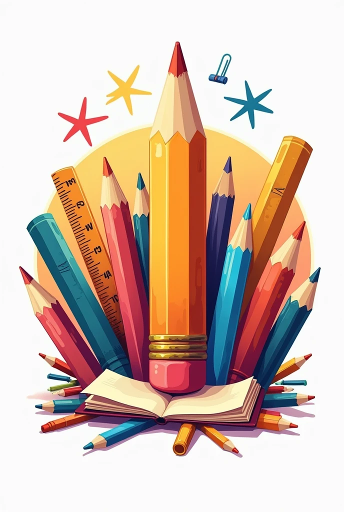 Round logo with a large pencil drawing in the center and stationery materials around it, that the logo be in color