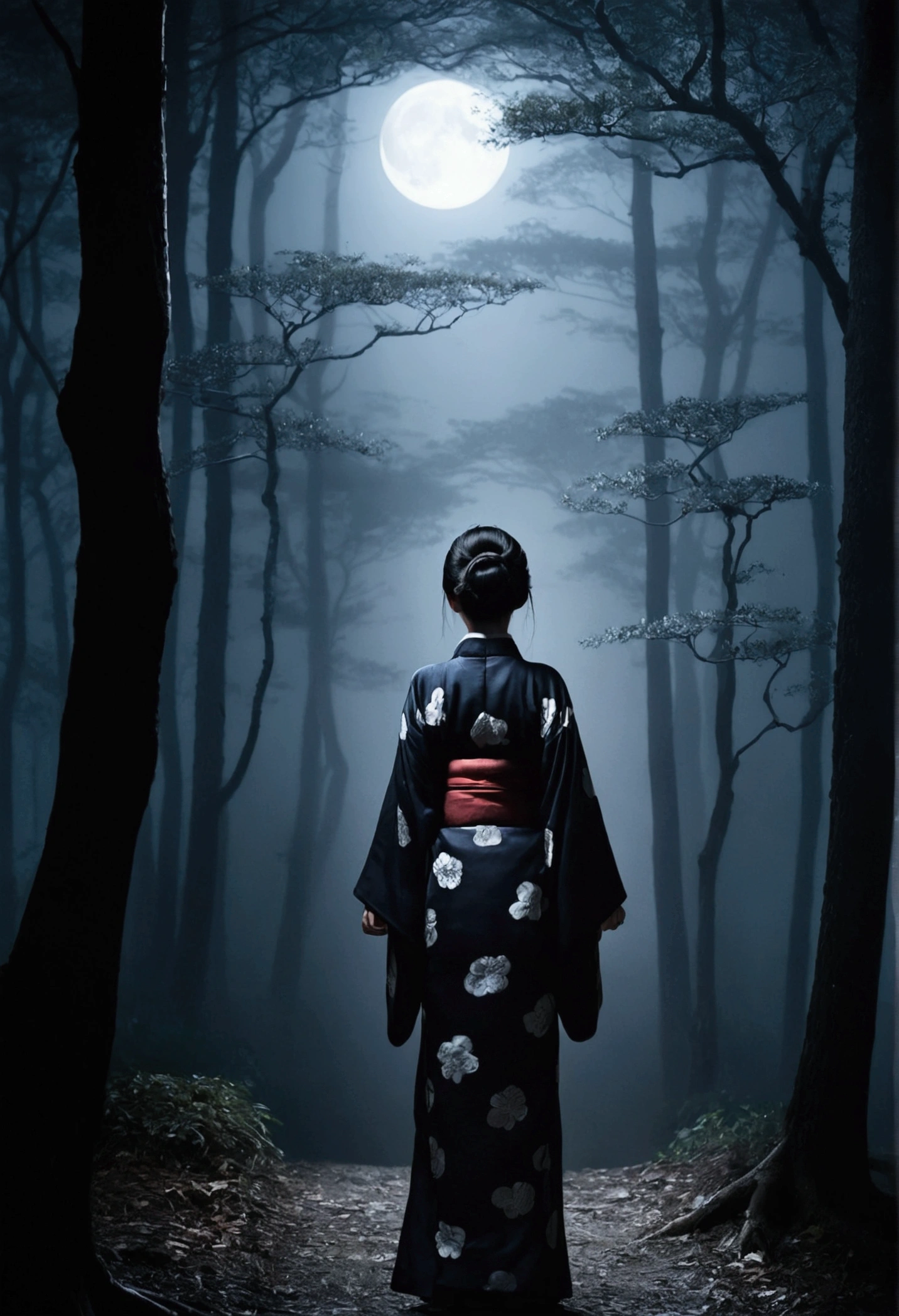 A faceless woman standing in a dark forest。She was dressed in kimono.、The face has no eyes or mouth、Smooth white skin spreads。The surroundings are shrouded in a thin mist.、The mysterious moonlight shines behind me.。Her outfit is a traditional kimono、Quietly swaying in the wind。A faint tree in the background々And the shadow spread、There is a mysterious and slightly eerie atmosphere。