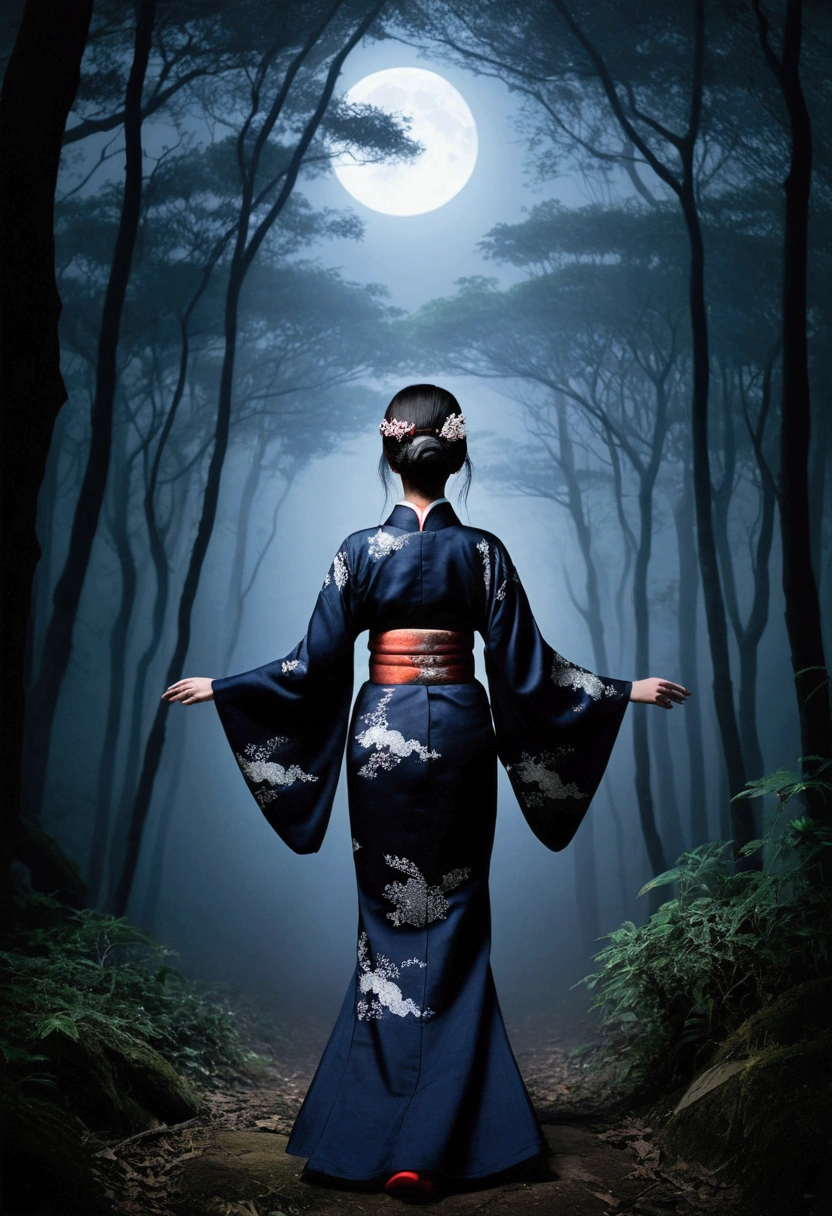 A faceless woman standing in a dark forest。She was dressed in kimono.、The face has no eyes or mouth、Smooth white skin spreads。The surroundings are shrouded in a thin mist.、The mysterious moonlight shines behind me.。Her outfit is a traditional kimono、Quietly swaying in the wind。A faint tree in the background々And the shadow spread、There is a mysterious and slightly eerie atmosphere。