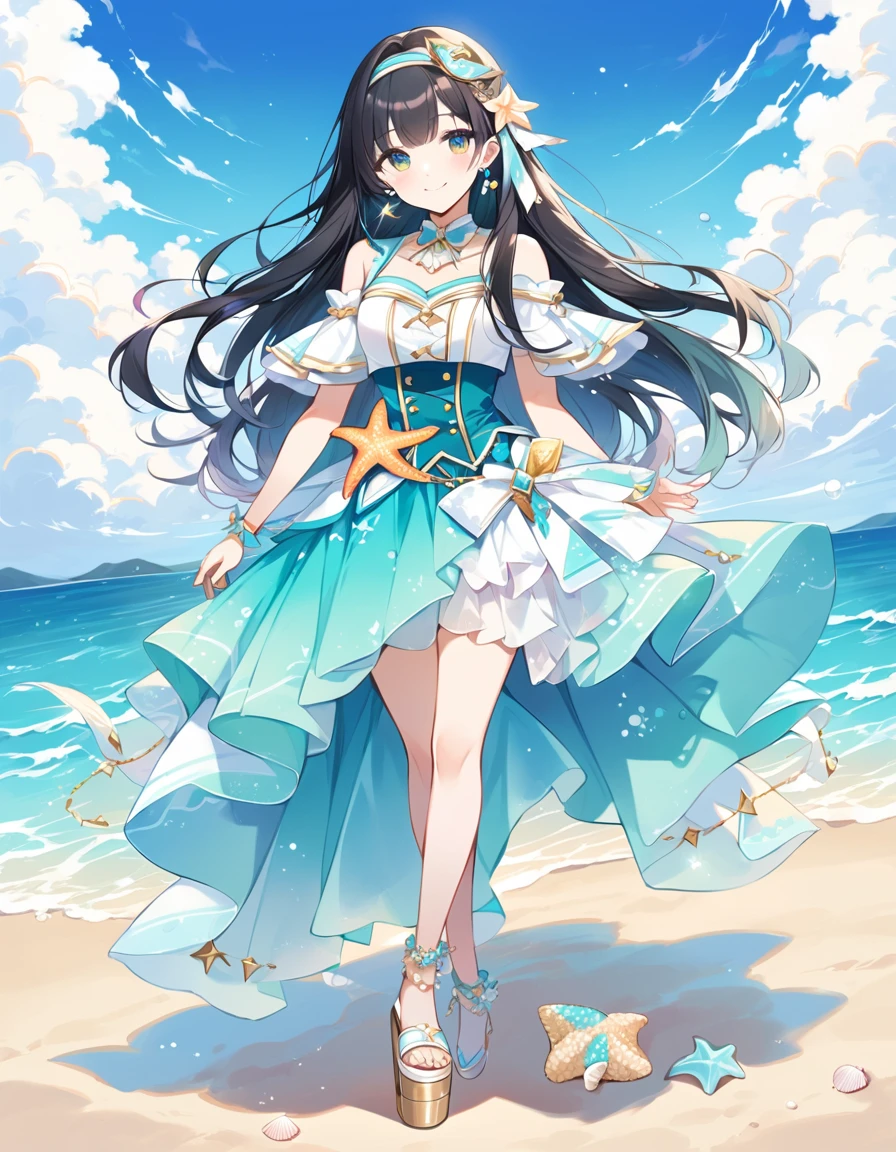 Girl, cute, adorable, full body, smiling, straight hair, long hair, black hair,
Marine Melody Idol-inspired costume, featuring motifs of seaside dreams with shells and starfish, with a color palette of turquoise and sun yellow,
(one-piece), costume includes a fitted top with shell-shaped embellishments and starfish motifs in shimmering turquoise and gold, neckline is off-the-shoulder, adorned with delicate ruffles,skirt is a flowing, ankle-length design with layers of chiffon and satin, creating a breezy, oceanic effect, hemline features embroidered waves and pearl accents, platform sandals, Accessories include a headband and starfish earrings,
