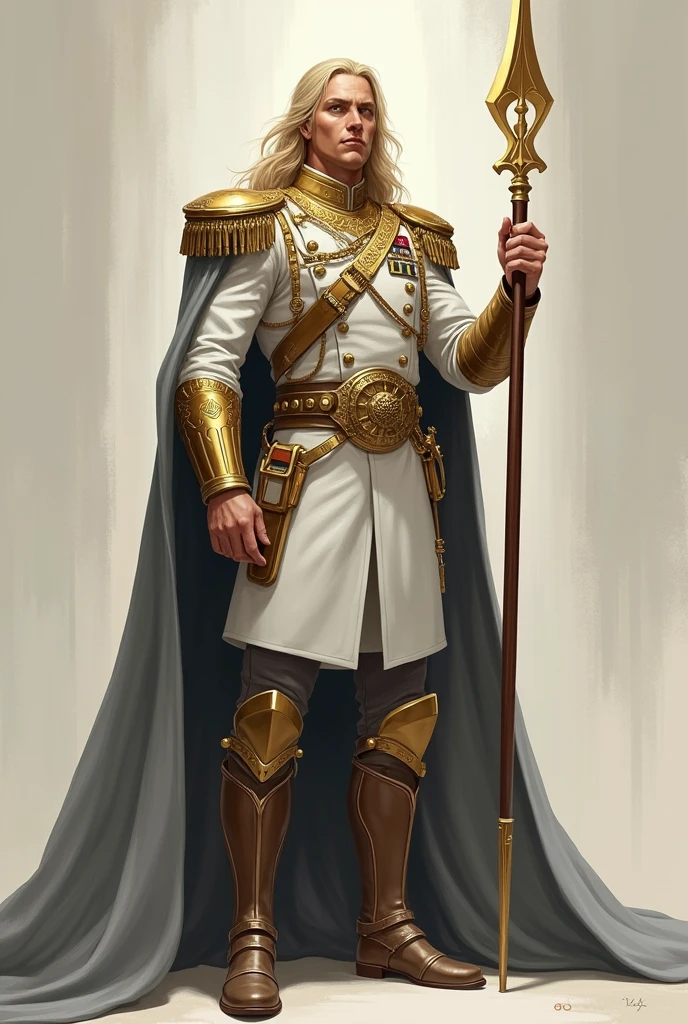 full body strong, tall and handsome man with long blonde hair and sharp golden eyes, holding long golden spear. wearing white military commander outfit, and grey cloak