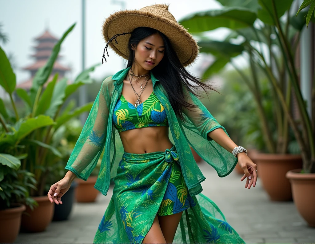 {Photorealistic Instagram image capturing an exotic, nature-inspired fashion look} set against a rooftop garden in a tropical Asiatic area, where lush greenery meets urban cityscapes. The model wears a {lush green cropped-top}, with {bold tropical designs in bright blue and green}. This is paired with a {short-sleeve jacket made from translucent, biodegradable material}, resembling {leaf textures with bioluminescent coral-like details}. The bottom is a {banana leaf skirt with an asymmetrical cut}, dyed with {natural pigments}. The model’s accessory is a {large, surreal neon-coconut bag hat}. The setting juxtaposes {tropical plants with concrete structures}, reflecting the outfit's blend of {nature and urban culture}. The model is depicted {mid-dance, capturing the essence of tribal energy and movement}, with the outfit’s {flowing and loose elements in motion}. The scene is bathed in {soft, natural lighting}, with an emphasis on the {vivid colors and textures of the outfit}. {High-resolution, rich colors, soft light effects}.