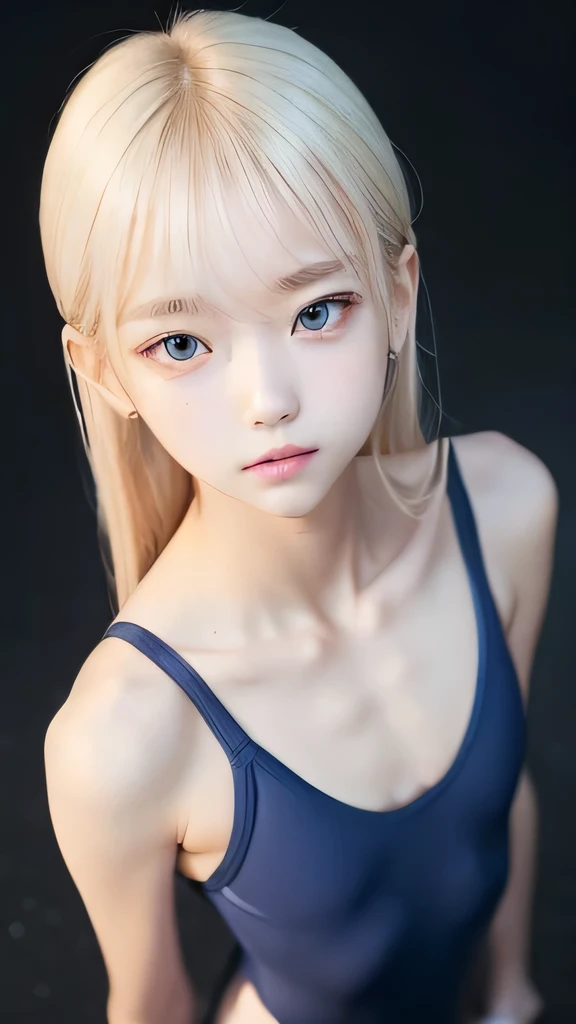 ((((sfw:1.5)))),((sfw:1.5)),((sfw:1.5)),((sfw:1.5)),((from above:1.5)),((Upper Body:1.5)) Korean Asian Teenager Photos、((Beautiful and cute idol girl:1.5))、Platinum Blonde Hair、11yo,Narrow eyes:1.5、Thin face、Thin neck、((Slim body)),((skinny):1.5),((Flat chest:1.5)),((clavicle)),((Narrow eyes:1.5))、(Thin arms)、(Thin neck)、(Thin lips)、A small smile、Thin arms、(Dark blue school swimsuit:1.5)