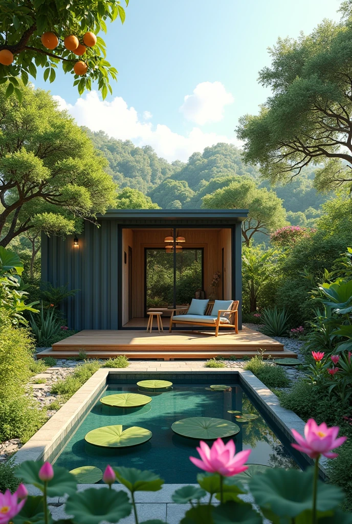 Small container house with a sitting terrace. In front is a rectangular lotus pond. Surrounded by fruit trees and flowers.