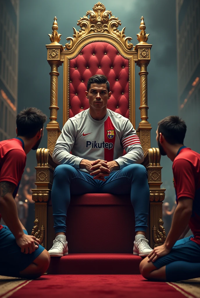 CR7 on the throne and Messi , Neymar on his knees