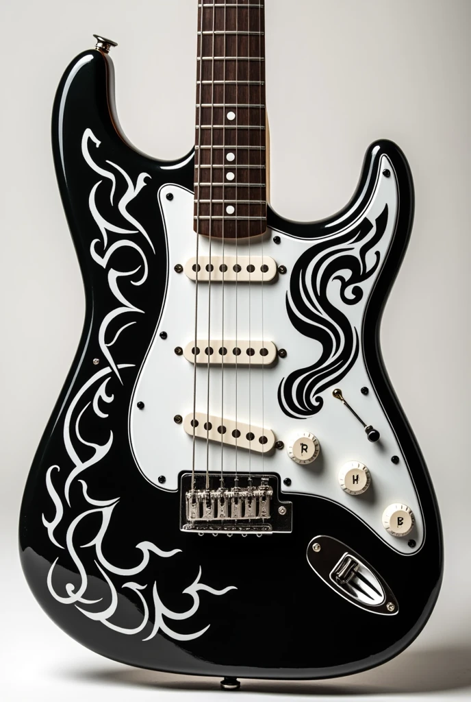 Fender Stratocaster guitar with black and white tribal designs on the pickguard only