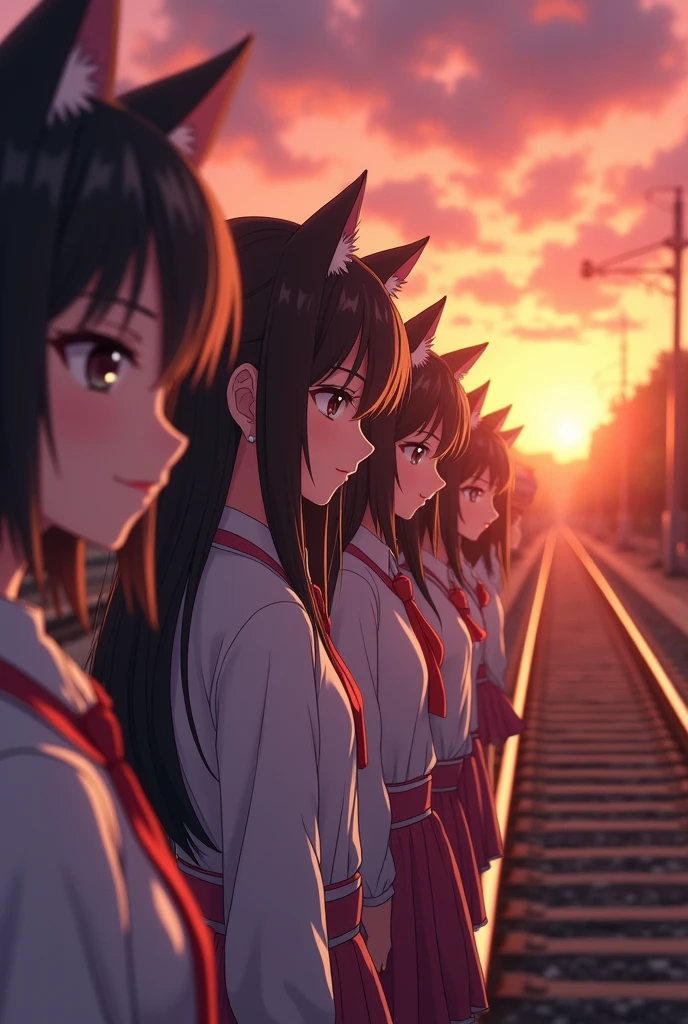 masterpiece, 4K, (plural, Harem, Group photo:1.4), Beautiful school girl, (Japanese Idols:1.6), Harem, (Cat ear:1.4), , sunset, station, close, Bend:1.1、