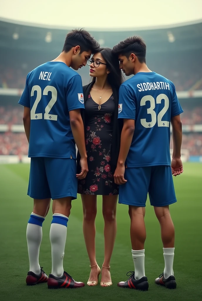 A man and woman standing in football ground. Man is standing between men . Woman is wearing a black dress with floral print and cardigan over her dress and high heels . Woman is wearing glasses and she has black hair. Left side man beside woman wearing 22 number blue jersey. Neil is written on his jersey.he is looking at girl .Right side man wearing 32 number blue jersey. Siddharth written on his jersey . Woman and right side man resting forehead on each other . Both gir one feet taller than girl . woman resting her forehead on Siddharth. Girl is wearing glasses . Siddharth and woman hugging each other . Make Litt distance with neil