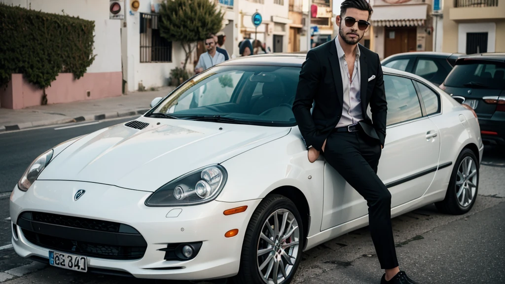 Well-dressed man next to a car on the streets of Ibiza