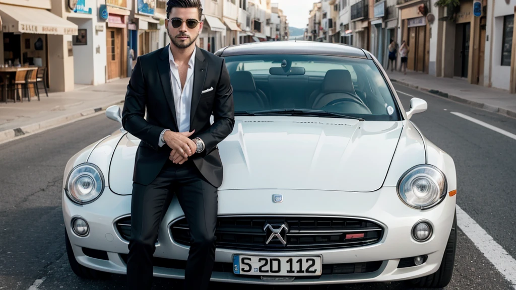 Well-dressed man next to a car on the streets of Ibiza