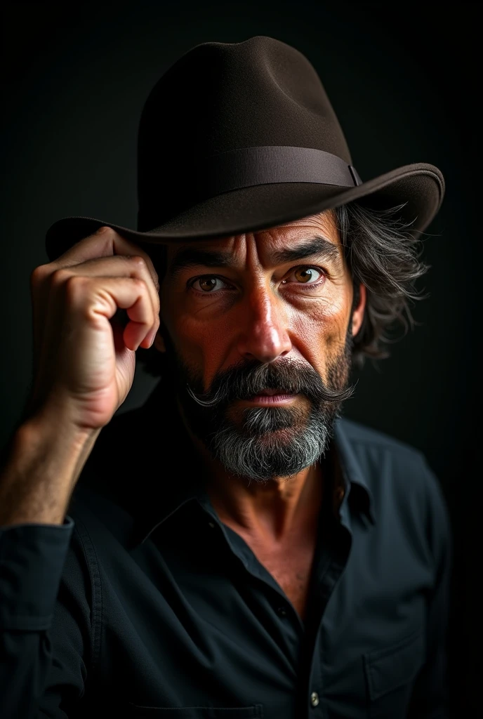 a high-quality studio portrait. Given the sharpness and the dramatic lighting, it was likely shot with a professional-grade DSLR or mirrorless camera. The lens used could be a 85mm for a shallow depth of field taken in a photography studio. The pure black background suggests the use of a black backdrop or careful lighting to eliminate any background details. The dramatic, high-contrast lighting could be achieved with a single key light, possibly a softbox or beauty dish, positioned to the subject's left (our right).
the subject, he appears to be a man in his late 30s or early 40s. He has wavy, slightly tousled dark hair visible beneath the hat. His beard is full but well-groomed, with a mustache that blends into it. The man's skin shows some texture and perhaps light scarring or pockmarks, adding to the rugged appearance.
His eyes are deep-set and intense, possibly a light color given their brightness in the black and white image. There's a slight asymmetry to his features, with his left eye (on our right) appearing slightly more open or raised than the right.
The hat he's wearing appears to be a fedora with a medium-wide brim and a ribbon around the base of the crown. It's tilted at a slight angle, adding to the dramatic effect of the portrait.
The man's hand, visible as he adjusts his hat, shows some veins and tendons, suggesting it's a working hand rather than that of someone who does only