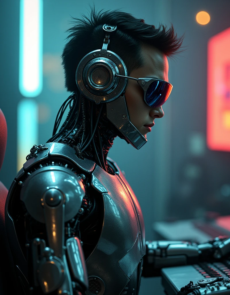 A young male cyborg, 20 years old and working as a music producer, is navigating the complexities of both technology and creativity. He has his hair styled back and his entire face covered in metal, with only his cyberpunk-style Robocop glasses revealing a portion of his features. He uses his advanced cybernetic enhancements to create groundbreaking music while dealing with the challenges of maintaining his humanity. Describe his daily life, the blend of technology and artistry in his work, and the personal struggles he faces as he balances his mechanical abilities with his emotional experiences. The depiction includes extremely detailed, professional high-quality rendering, with a chrome robotic suit, dark cyberpunk glasses, a pixelated or blurred face, and striking visual elements