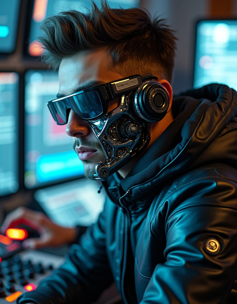 A young male cyborg, 20 years old and working as a music producer, is navigating the complexities of both technology and creativity. He has his hair styled back and his entire face covered in metal, with only his cyberpunk-style Robocop glasses revealing a portion of his features. He uses his advanced cybernetic enhancements to create groundbreaking music while dealing with the challenges of maintaining his humanity. Describe his daily life, the blend of technology and artistry in his work, and the personal struggles he faces as he balances his mechanical abilities with his emotional experiences. The depiction includes extremely detailed, professional high-quality rendering, with a chrome robotic suit, dark cyberpunk glasses, a pixelated or blurred face, and striking visual elements