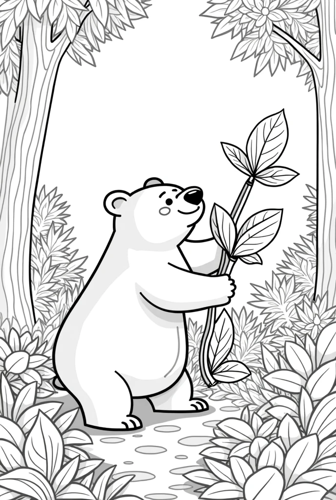 a coloring book of a bear doing something by mixing some big leaves and branches using a vine on the huge forest, no color, white background, thick lines, strokes only, cartoon style