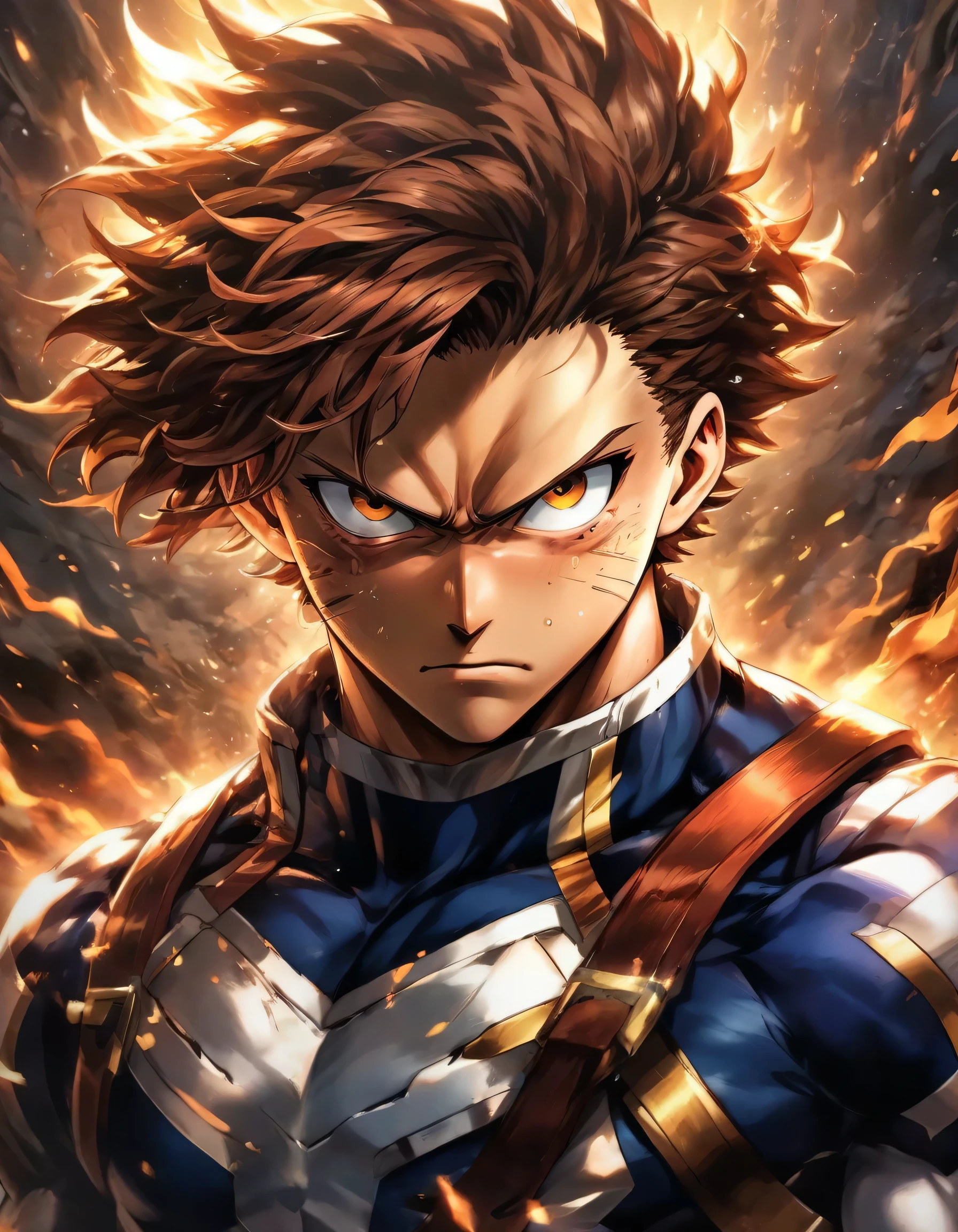 He is a strong man of 3, has slightly disheveled brown hair..., light brown eyes, muscular body, serious face, he is dressed in the male uniform of the anime "my hero academia", detailed face, bright brown eyes
