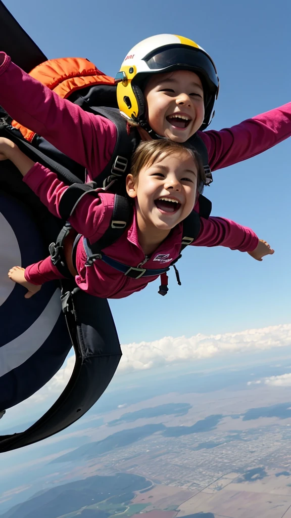 Solo, 1 child, girl, , free fall, aeroplane, wearing helmet, google, parachute bag, Happy, laughing,