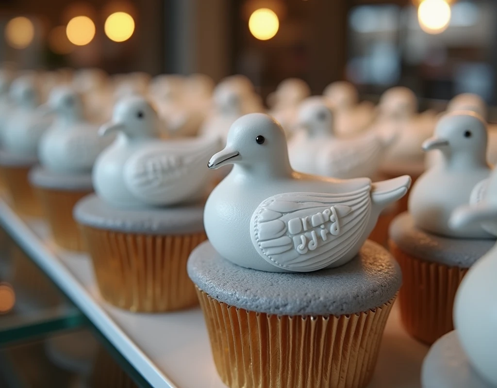 ((Highest quality)), ((masterpiece)), (detailed), A realistic grey dove-shaped cupcake,((It says "SORA ROID")), There are many of them lined up in the showcase inside the store., front, from front, front view, photorealistic, realistic photo, from movie stills
