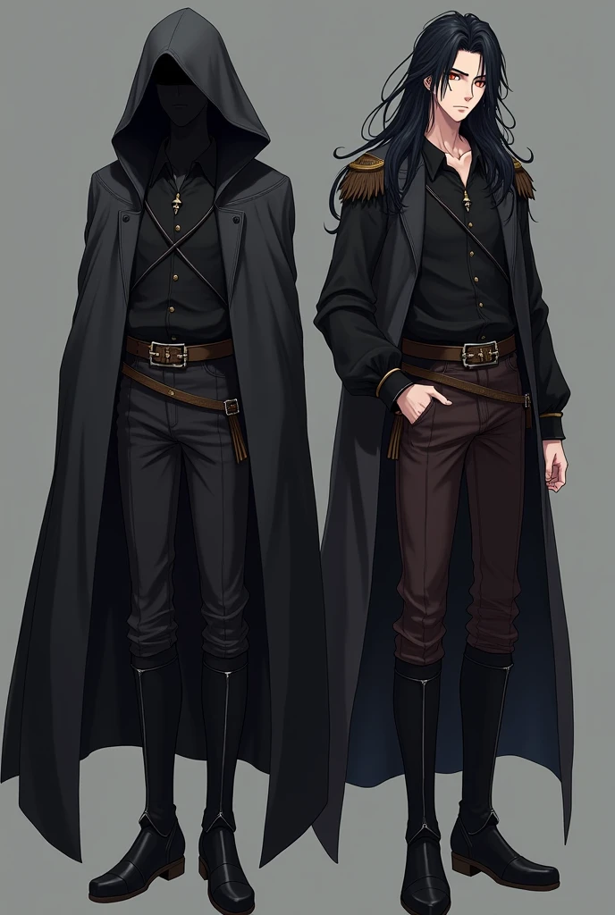 Create a 2 version image of a 30 year old male anime style character in a robe, where in one of the versions he is wearing a hood and you can't see his face and in the other he is without a hood, has long black hair, the iris of your eyes is orange, and his clothes are a black cloak, black long sleeve blouse with brown leather pieces on the forearms, dark brown leather pants, black medieval leather boots, and wears black leather gloves with the fingers out and has a cold and sadistic look