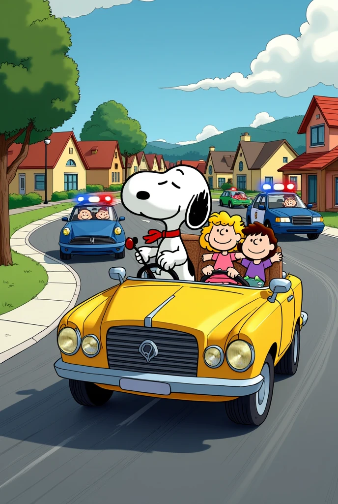 an animated snoopy running away from the police in a car full of children