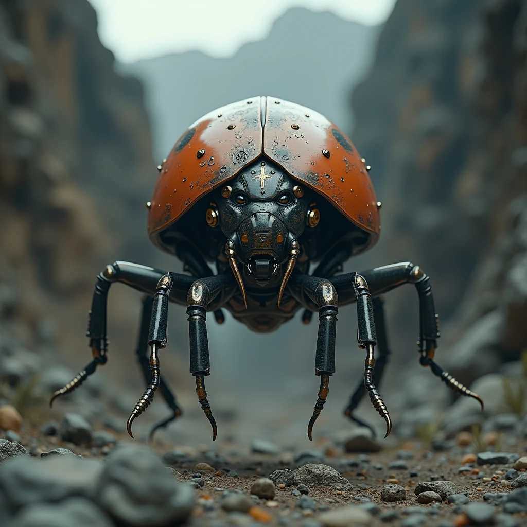 a highly detailed, photorealistic, cinematic portrait of a levitating ladybug-inspired android cyborg, a beetle-like super robot face, a three-faced deity, 8k, best quality, masterpiece, ultra-detailed, physically-based rendering, sharp focus, vivid colors, dramatic lighting, quarry background