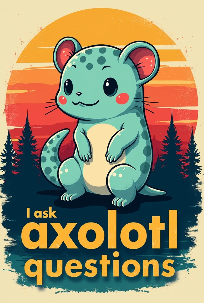 A graphic t-shirt design with a vintage style. There is a AXOLOTL cute and a light Cyan . The background is a retro-style sunset with horizontal stripes in shades of orange, red, yellow, and Green. Below the axolotl, there is a forest silhouette in black. The text on the shirt is in a vintage font, with the words " I ASK AXOLOTL QUESTIONS " in alternating colors of yellow, red, and blue. The overall design has a distressed, worn look
