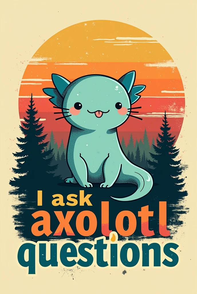 A graphic t-shirt design with a vintage style. There is a AXOLOTL cute and a light Cyan . The background is a retro-style sunset with horizontal stripes in shades of orange, red, yellow, and Green. Below the axolotl, there is a forest silhouette in black. The text on the shirt is in a vintage font, with the words " I ASK AXOLOTL QUESTIONS " in alternating colors of yellow, red, and blue. The overall design has a distressed, worn look