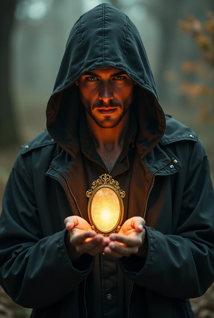 A half hooded man, with charming yellow color look, holding in his hands a small mirror
