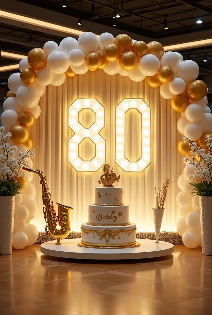 Wall decoration of a large event venue for an 80-year-old man's birthday in gold and white, including separate cones for placing snacks and a saxophone cake with gold saxophone details, as well as having lights on the wall in the shape of a waterfall., balloons as an arch on the left side with large numbers that say 80 years in the center that says happy birthday dad she with LED lights and that includes more white not so golden