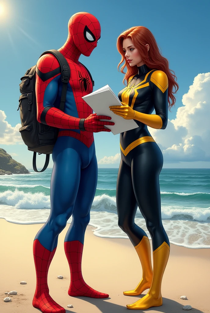 Create Spider-Man along with Spider-Woman on a beach taking notes