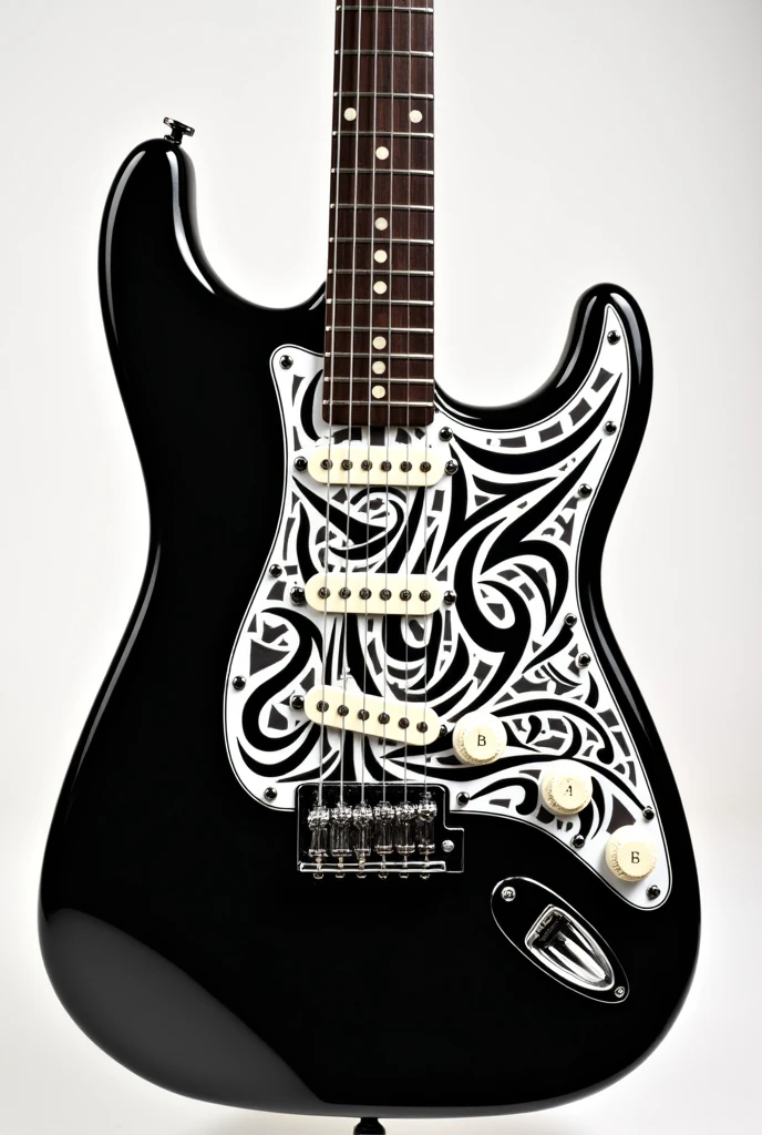 Fender Stratocaster guitar with black and white tribal designs on the pickguard only