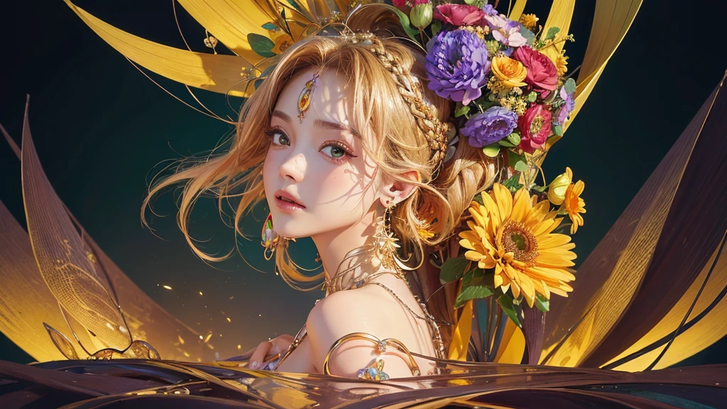 32K, 最高quality, 最高masterpiece, (ultra-Detailed Background, Detailed Background), High resolution, Super detailed, Very detailedな, 1 personの, (bouquet:1.3), (Tangled:1.2), (Geometric:1.2),(colorful),(masterpiece, quality, best quality, Official Art, Beautiful and beautiful:1.2), (1 person:1.3), Very detailed,(colorful:1.1)(Flowers:1.3),Most detailed,(Tangled:1.2), whole body, (Abstract background:1.3), (Skin glows), (Many colors:1.4), ,(Earrings Jewelry:1.5), Yellow background, It's imaginative., Milk tea colored hair, Updo,