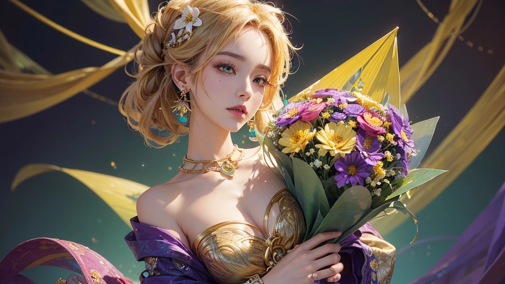 32K, 最高quality, 最高masterpiece, (ultra-Detailed Background, Detailed Background), High resolution, Super detailed, Very detailedな, 1 personの, (bouquet:1.3), (Tangled:1.2), (Geometric:1.2),(colorful),(masterpiece, quality, best quality, Official Art, Beautiful and beautiful:1.2), (1 person:1.3), Very detailed,(colorful:1.1)(Flowers:1.3),Most detailed,(Tangled:1.2), whole body, (Abstract background:1.3), (Skin glows), (Many colors:1.4), ,(Earrings Jewelry:1.5), Yellow background, It's imaginative., Milk tea colored hair, Updo,