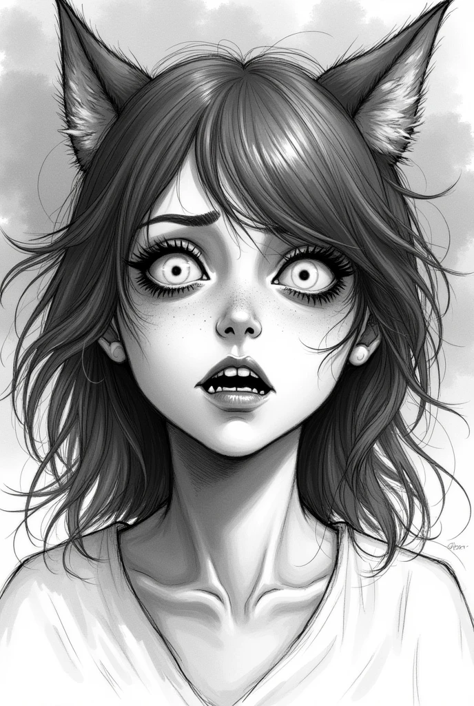 Create a lineart illustration Setting: Hellen revealing her true nature, with a feline, demonic expression. Details: This illustration can focus on Hellen's face, showing her transformation from a careless expression to one that reveals sadness, hatred, and vengeance. The combination of feline and demonic features should be subtle, but enough to show her hidden essence. The surrounding environment can be dark, with the light highlighting only Hellen's face and the spirits that surround her.