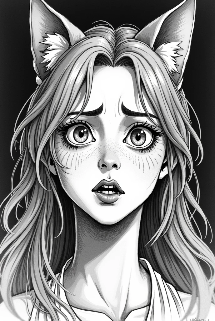 Create a lineart illustration Setting: Hellen revealing her true nature, with a feline, demonic expression. Details: This illustration can focus on Hellen's face, showing her transformation from a careless expression to one that reveals sadness, hatred, and vengeance. The combination of feline and demonic features should be subtle, but enough to show her hidden essence. The surrounding environment can be dark, with the light highlighting only Hellen's face and the spirits that surround her.