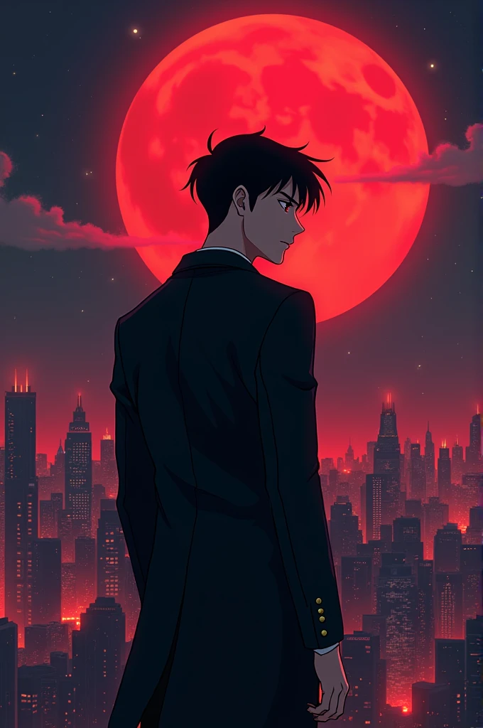 Show me a animated picture of a vampire asian young man with a slim body wearing a black fitted blazer turning his back in the background featuring night city and red moon