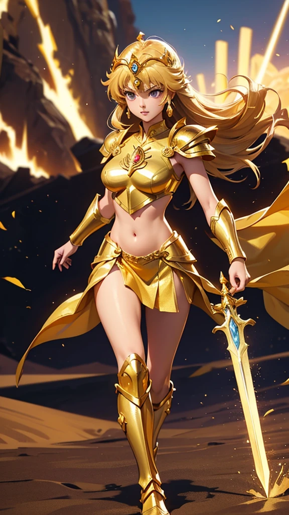 1girl, solo, saint seiya_custome, superhero, gold armor, gold dress, beautiful princess, belly, are on the battlefield, gold sword, gold skirt, running, background in the desert of war