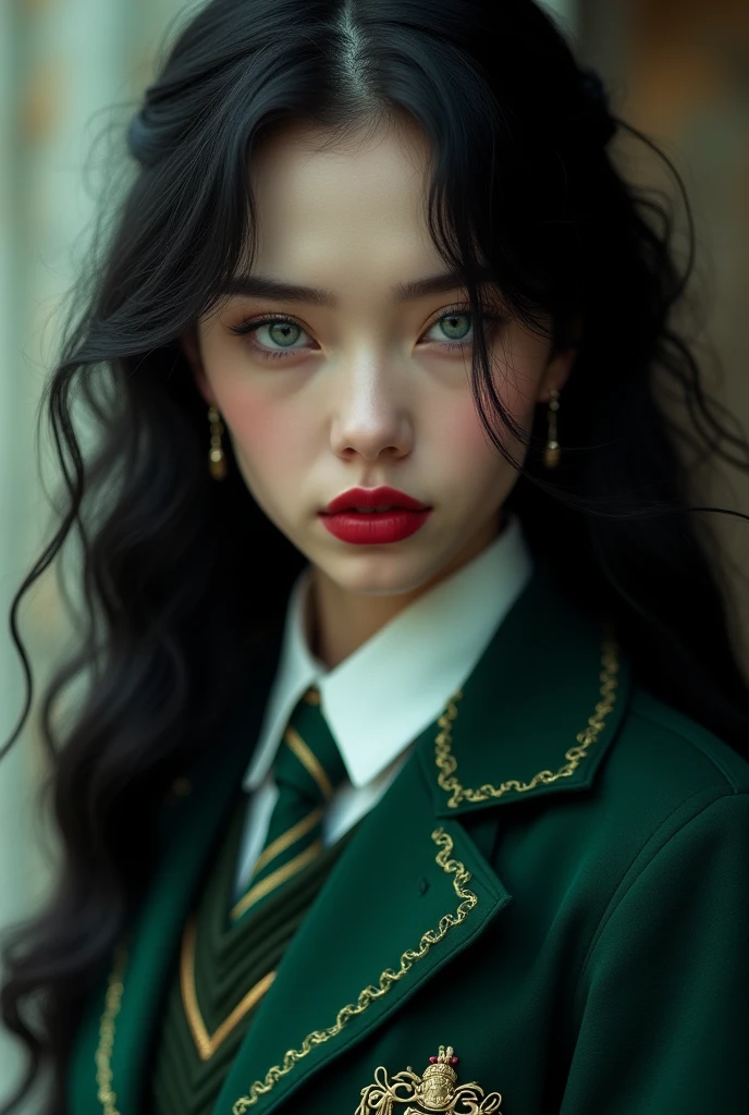 Beautiful young woman, porcelain skin,Smooth skin, white skin, full red lips, (black, long, wavy hair) intimidating gray eyes, dressed in the Hogwarts Slytherin uniform