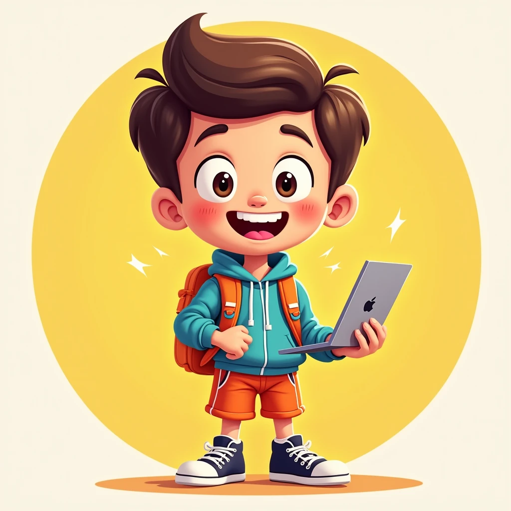 (cartoon illustration of a Smartboy), colorful, cheerful, vibrant hues, bright background, playful expression, fun outfit, engages with technology like a laptop or a smartphone, happy ambiance, ideal for a profile picture, high quality, detailed character design, eye-catching and friendly demeanor.
