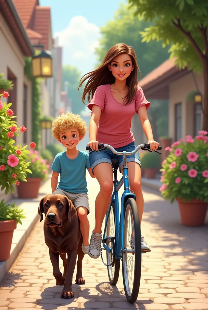 Create a light brown woman image, long straight medium brown hair, she is wearing jean shorts and a pink blouse. A three-year-old boy, blond, curly and messy hair, wearing a blue shirt and white shorts. A chocolate colored labrador, adult size.
The woman is on the bike and the man is on the back of the bike, while the dog walks beside them. They are on a cobblestone street with several flower beds.