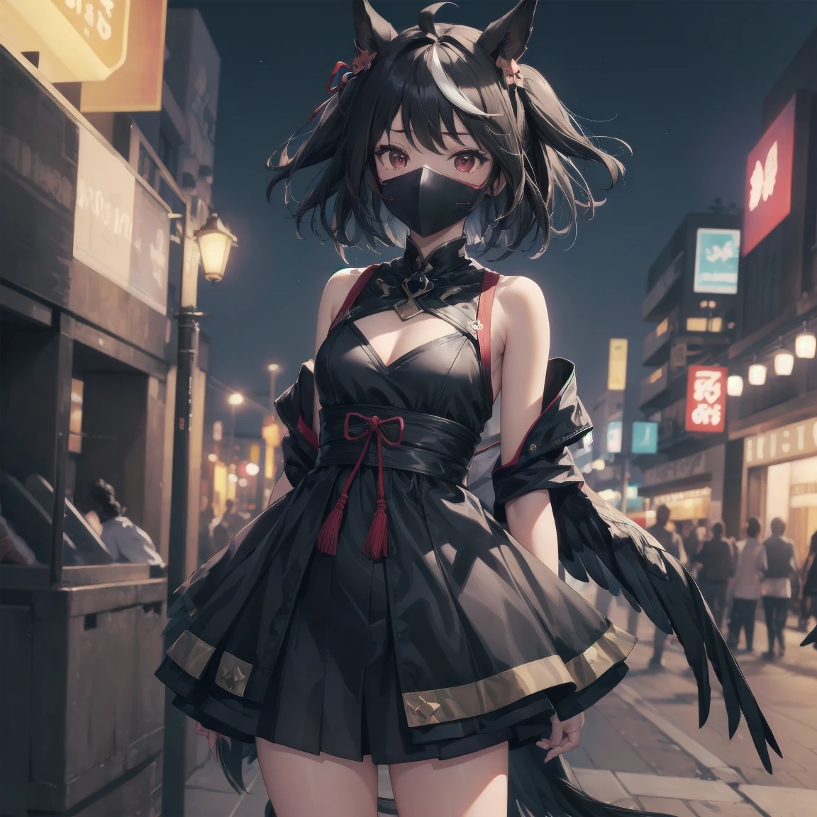masterpiece, Highest quality,Ultra HD，（（（（Pixiv style painting））））， （Cowboy Shot），（Full body view），（（One Girl））, （（（Crow-style plague mask equipped on the face））,（（Crow-inspired black battlesuit））,（（ Crow Style Shoulder Body Armor））, （,（（（long, shiny black hair））），（（Ahoge with a gray hair color different from the hair color））, （（（Long black elongated bangs run down the face）））,（Black horse ears），（Black horse tail），（（（Golden eyes without highlights））），(((Flat Chest)))，（（Realistic butterfly on shoulder and stomach々Tattoo）），（（（Realistic butterfly in the middle of chest plate々Tattoo））），（（（Exposed abdomen, Inguinal and thoracic））），（（（Modern city rooftop at night）））、see, animal ears, short hair, streaked hair, hair ornament, medium breasts, horse tail,