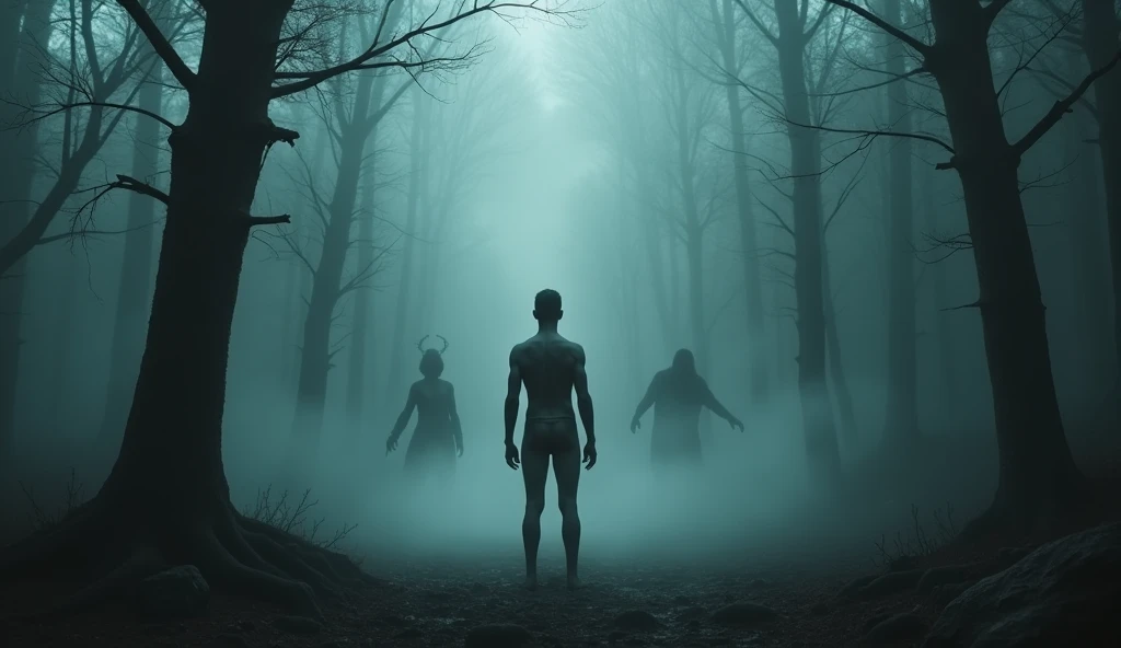 A naked and lonely man standing with his back turned in a dense forest covered in fog, The man is performing a satanic ritual with demonic forms barely visible in the mist behind him.