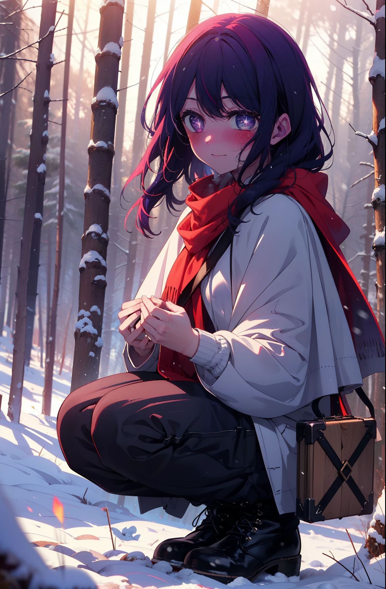 aihoshino, Ai Hoshino, Long Hair, bangs, (Purple eyes:1.1), Purple Hair, (Symbol-shaped pupil:1.5), smile,,smile,blush,white breath,
Open your mouth,snow,Ground bonfire, Outdoor, boots, snowing, From the side, wood, suitcase, Cape, Blurred, , forest, White handbag, nature, Squat, Mouth closed, Cape, winter, Written boundary depth, Black shoes, red Cape break looking at viewer, Upper Body, whole body, break Outdoor, forest, nature, break (masterpiece:1.2), Highest quality, High resolution, unity 8k wallpaper, (shape:0.8), (Beautiful and beautiful eyes:1.6), Highly detailed face, Perfect lighting, Extremely detailed CG, (Perfect hands, Perfect Anatomy),