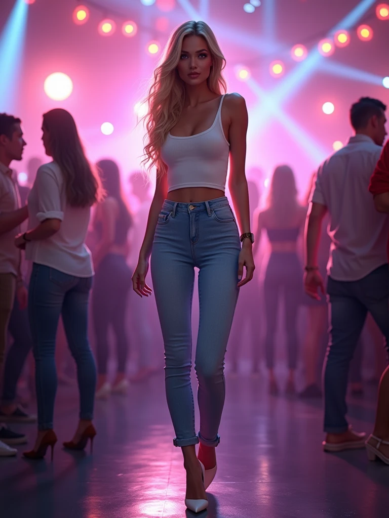 female with long blonde wavy hair, waering light blue jeans, white top and white heels, standing in night club