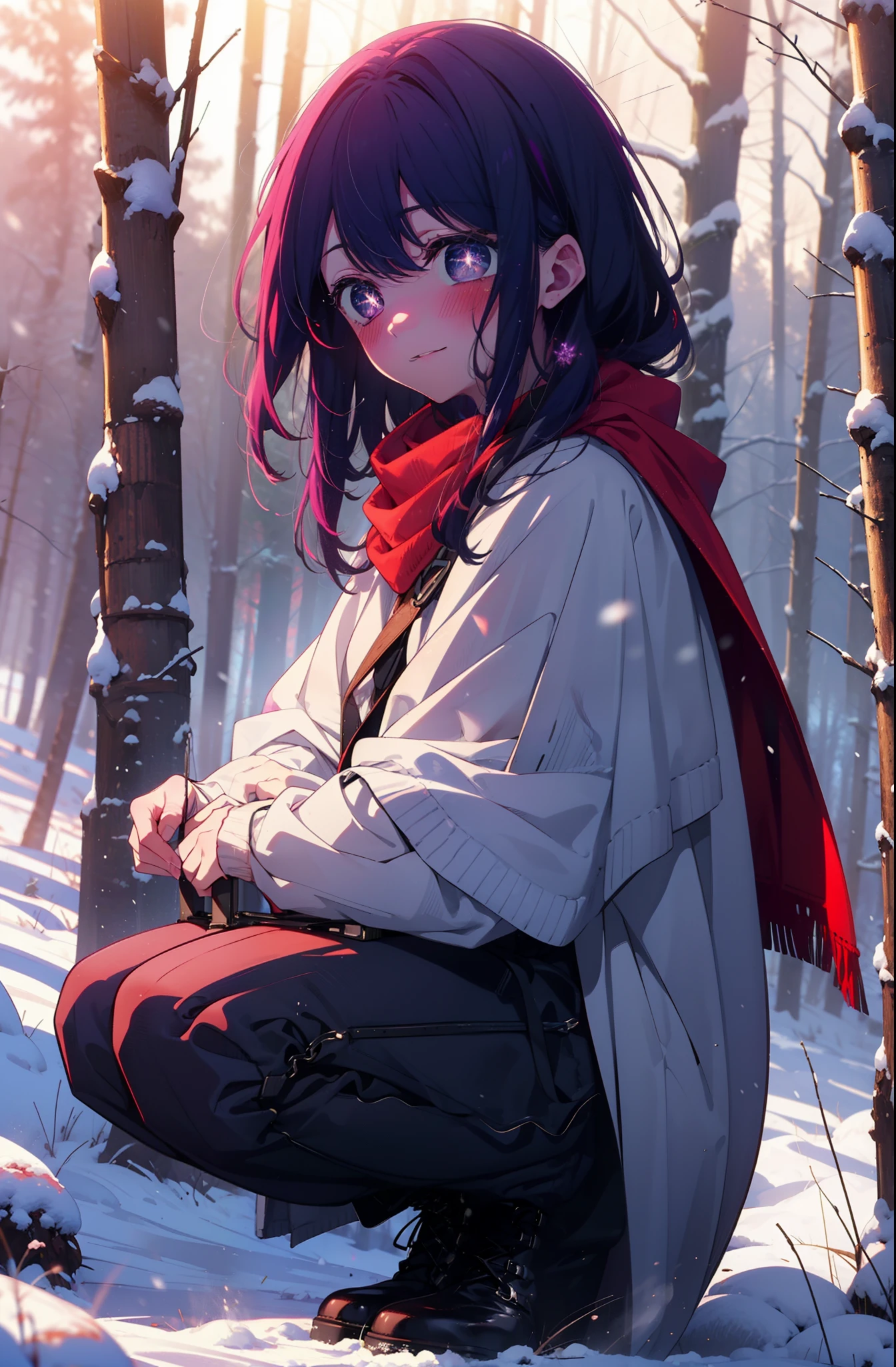 aihoshino, Ai Hoshino, Long Hair, bangs, (Purple eyes:1.1), Purple Hair, (Symbol-shaped pupil:1.5), smile,,smile,blush,white breath,
Open your mouth,snow,Ground bonfire, Outdoor, boots, snowing, From the side, wood, suitcase, Cape, Blurred, , forest, White handbag, nature, Squat, Mouth closed, Cape, winter, Written boundary depth, Black shoes, red Cape break looking at viewer, Upper Body, whole body, break Outdoor, forest, nature, break (masterpiece:1.2), Highest quality, High resolution, unity 8k wallpaper, (shape:0.8), (Beautiful and beautiful eyes:1.6), Highly detailed face, Perfect lighting, Extremely detailed CG, (Perfect hands, Perfect Anatomy),