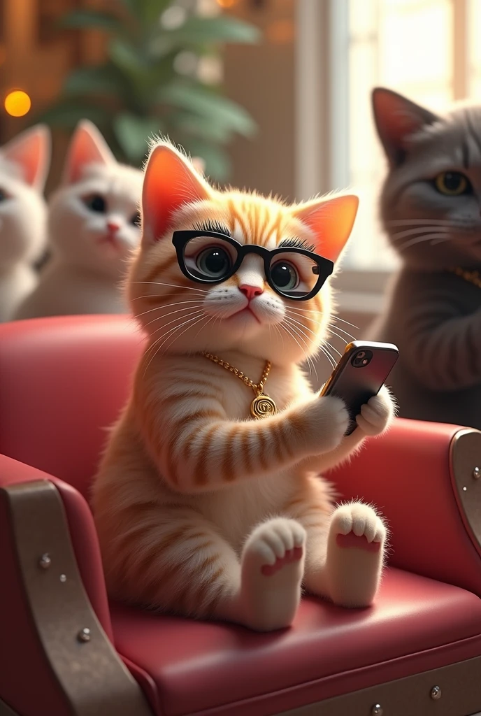 Image of a well-dressed cat with false eyelashes, with designer clothes and blogger style, messing with an iPhone, sitting in a beauty salon chair and chatting with other hotties, cat eyes, 3 d image, beauty salon in the background, Artistic photo, 4k photo, perfect proportions, radiant glow
