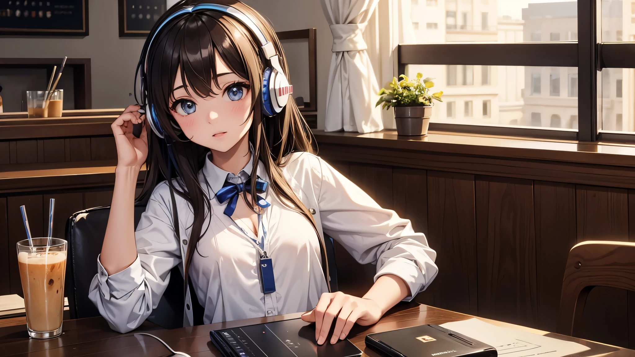 Girl with headphones enjoying music in a cafe I am studying Emphasize a little bit of the chest